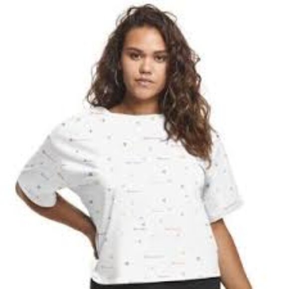 NWT Women's Champion T Shirt White Mulit Logo Cropped Size 1X - Picture 1 of 5